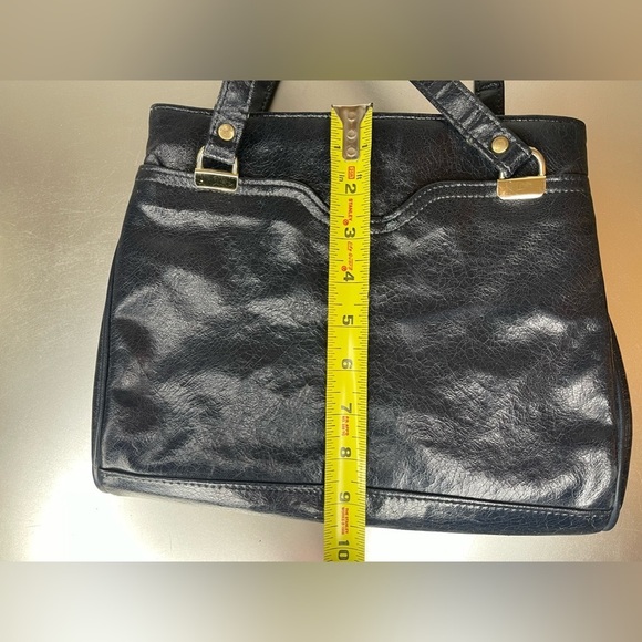 Vintage 1970s Navy Faux Leather Shoulder Hand Bag Fabric Print Interior - Picture 9 of 10